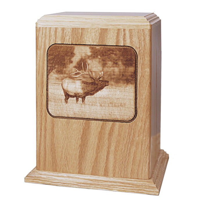Elk Hunting Photo Laser Engraved Wood Urn - Oak