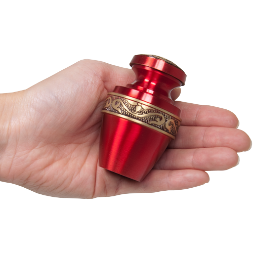 Scarlet Brass Cremation Urn - Keepsake Scale Comparison