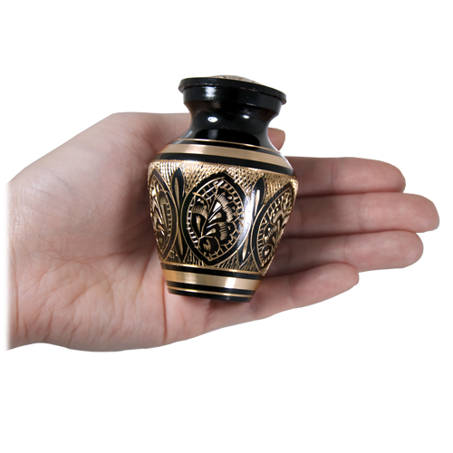 Ornate Etched Cremation Urn - Keepsake Scale Comparison