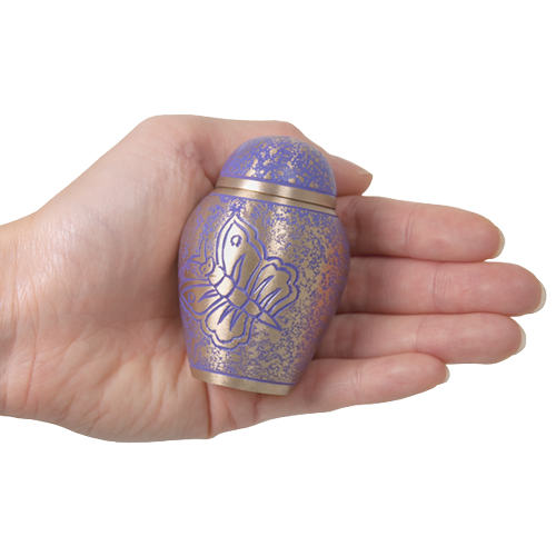 Speckled Purple Butterfly Brass Cremation Urn - Keepsake Scale Comparison