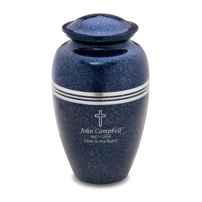 Speckled Indigo Blue Metal Cremation Urn - Engraving sample