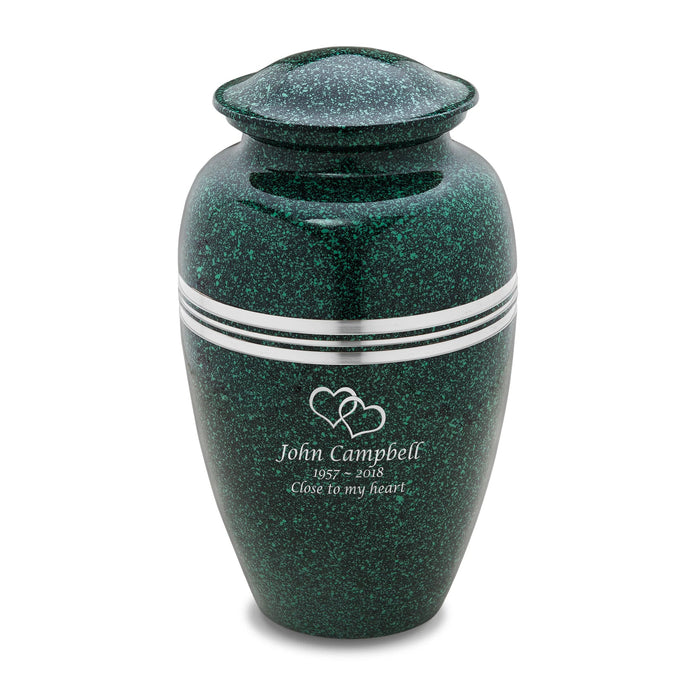 Speckled Emerald Green Metal Cremation Urn - Engraving sample