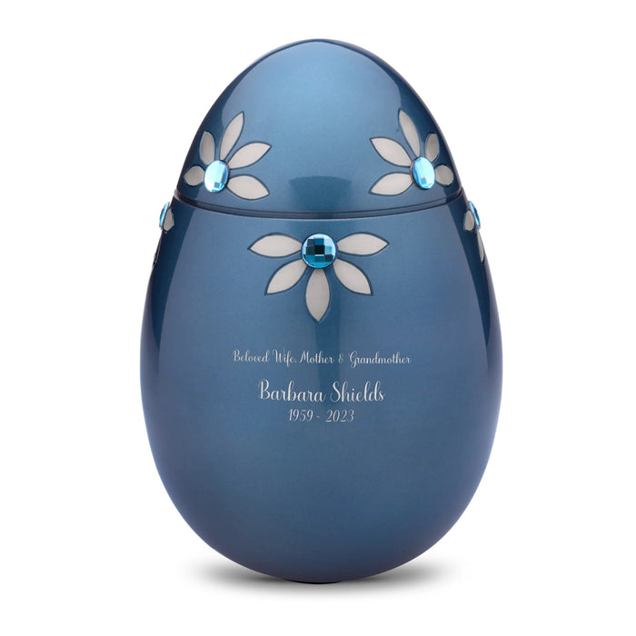Oval Metal Cremation Urn with Swarovski Crystal Flowers - Engraving sample