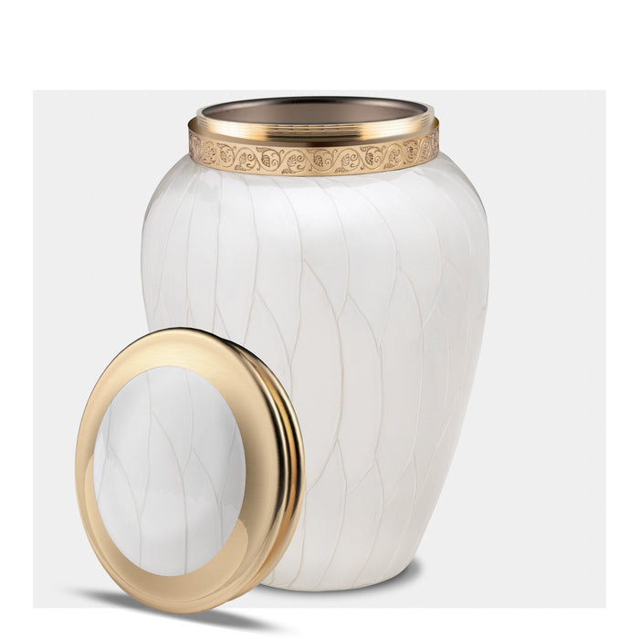White urn with threaded lid off