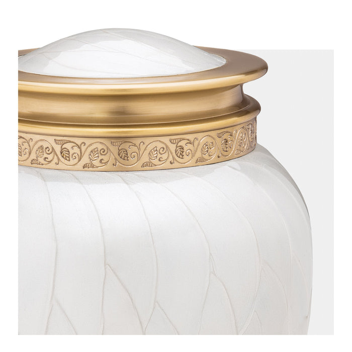 Close-up of urn lid and etched rim