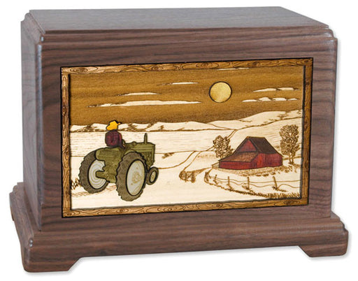 Walnut Wood Urn with Farm Tractor