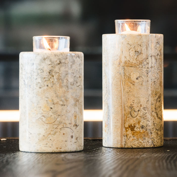 Marble Candle Holder Keepsake Urns in Fossil Stone
