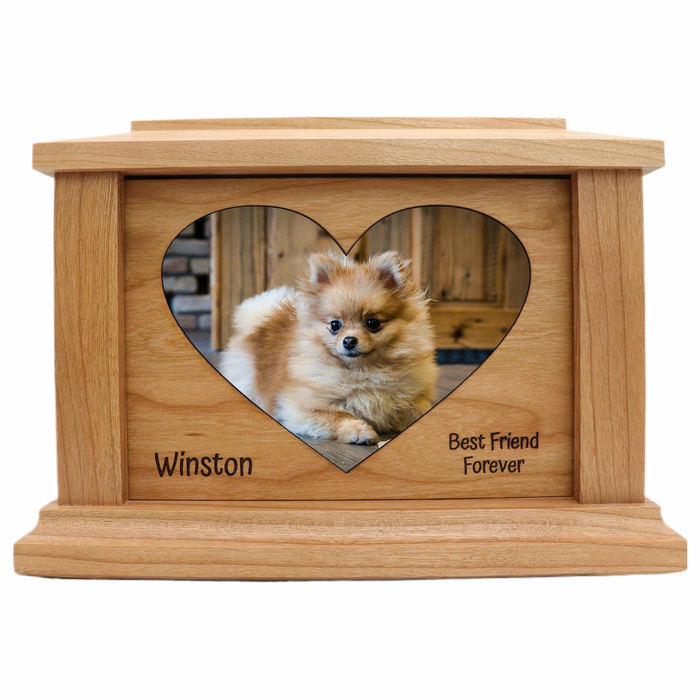 Centered Heart Photo Framed Wooden Pet Urn - Cherry