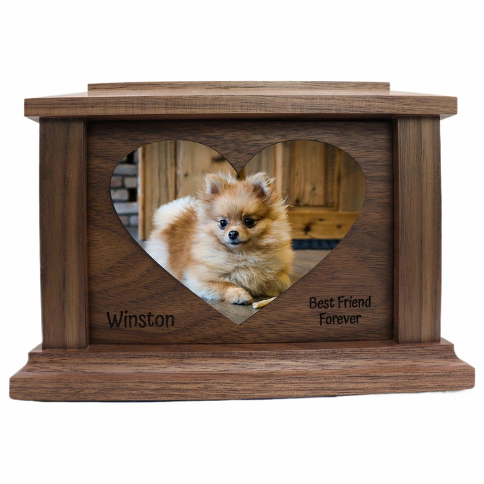 Centered Heart Photo Framed Wooden Pet Urn - Walnut