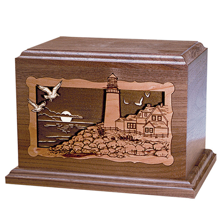 Lighthouse Wooden Cremation Urn with Wood Inlay Art