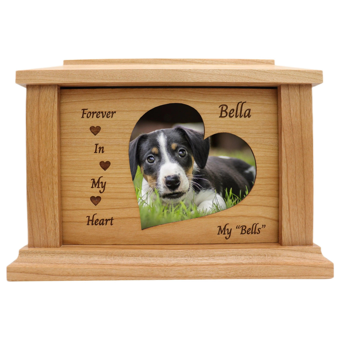 Forever in Our Hearts Photo Framed Wooden Pet Urn - cherry with Hearts
