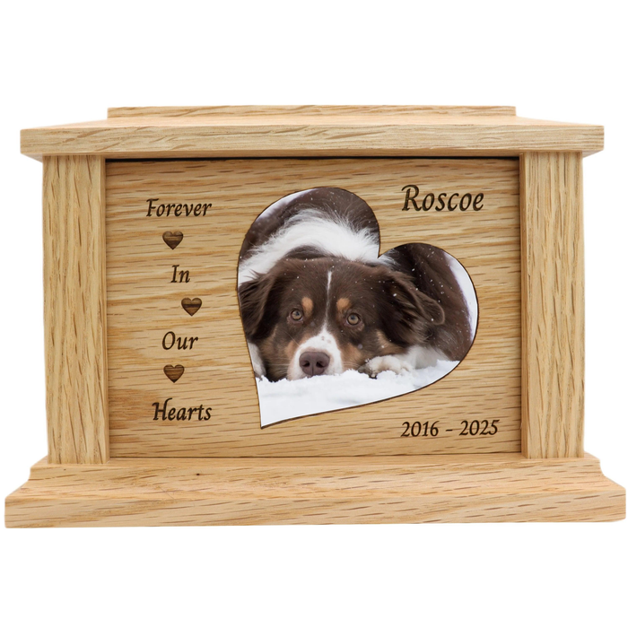 Forever in Our Hearts Photo Framed Wooden Pet Urn - oiak with Hearts