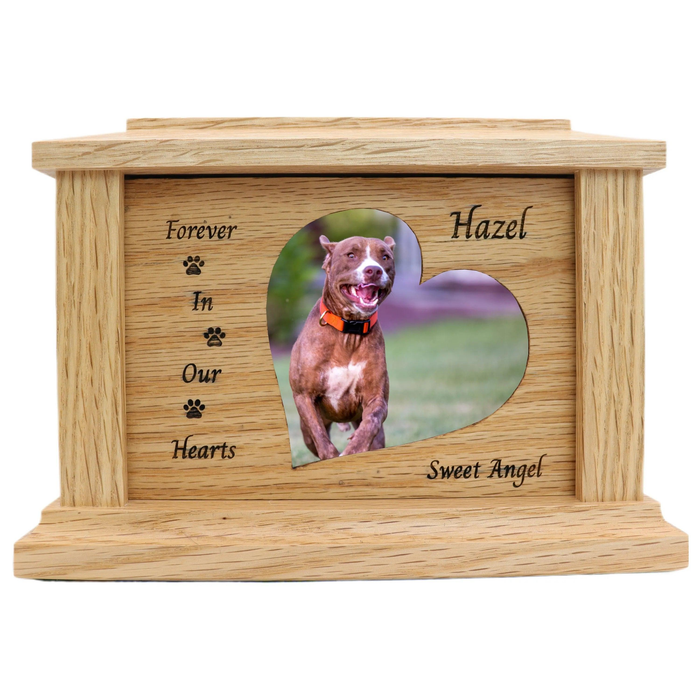 Forever in Our Hearts Photo Framed Wooden Pet Urn - oak with paws