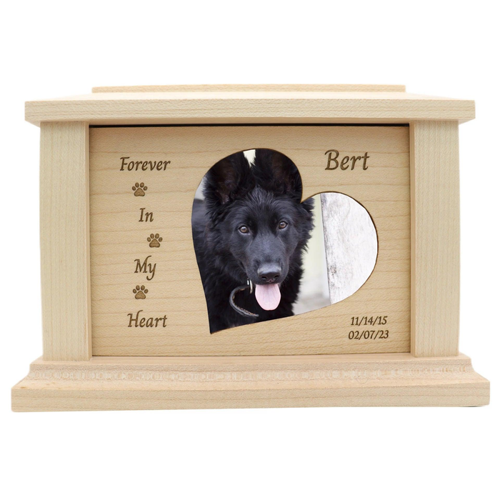 Forever in Our Hearts Photo Framed Wooden Pet Urn - maple with paws