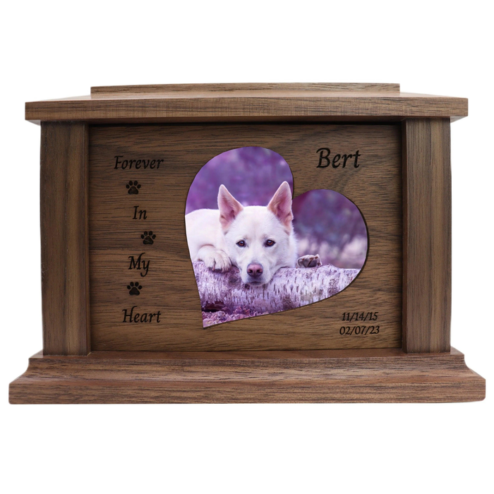 Forever in Our Hearts Photo Framed Wooden Pet Urn - walnut with paws