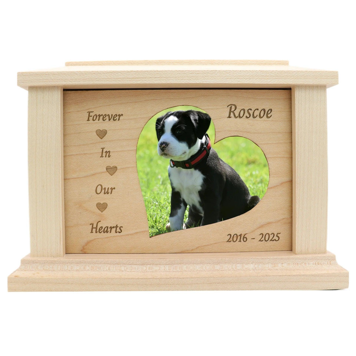 Forever in Our Hearts Photo Framed Wooden Pet Urn - maple with Hearts