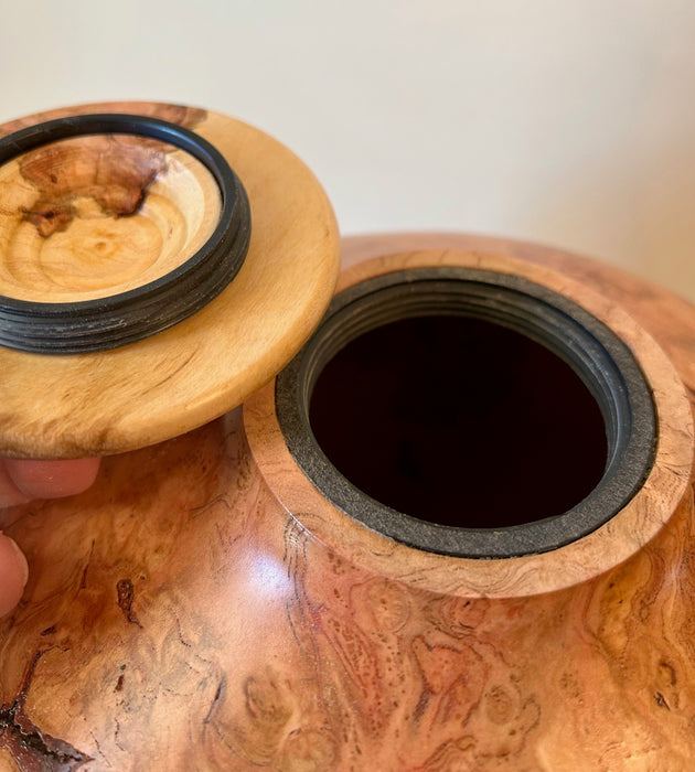 Hand-Turned Cherry Burled Urn with top opening threaded lid