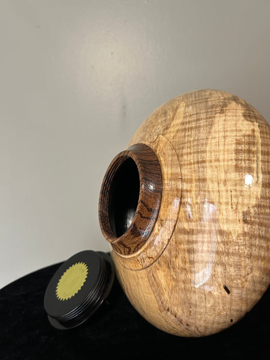 Spalted Figured Maple turned urn with zebra wood top ring with threaded lid