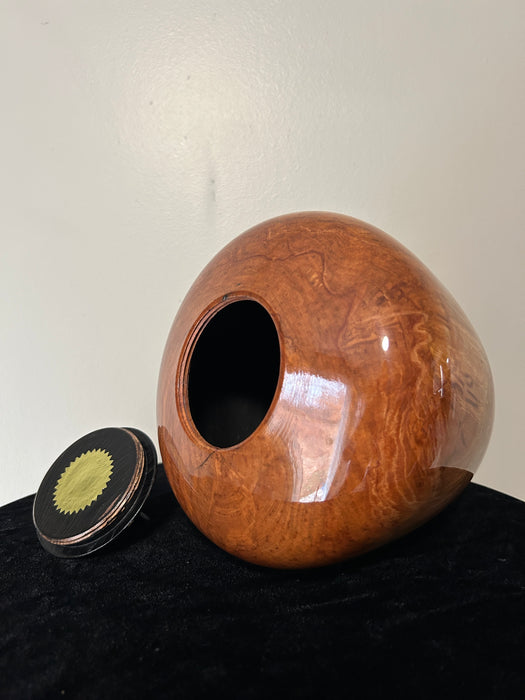 Spalted Birch turned urn with top opening threaded lid