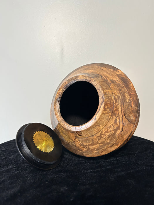 Spalted Maple turned urn with top opening threaded lid