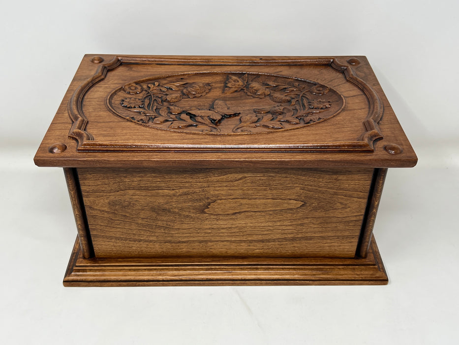 Hand-Carved Cremation Urn with Flowers and Butterflies - Front view