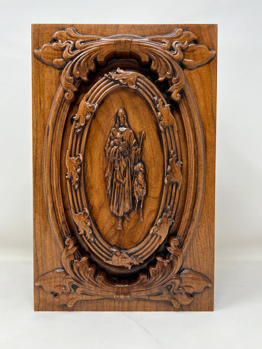 Hand-Carved Cremation Urn with Jesus Our Shepherd - Top view (Shown in Cherry)