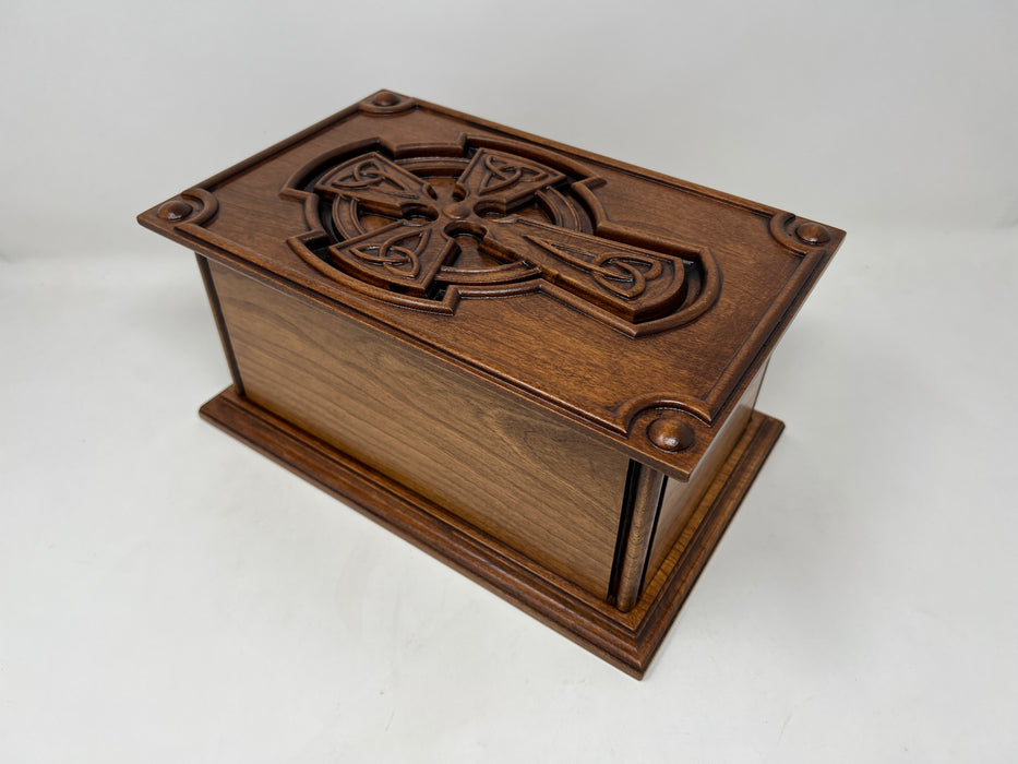 Hand-Carved Cremation Urn with Trinity Knot Celtic Cross