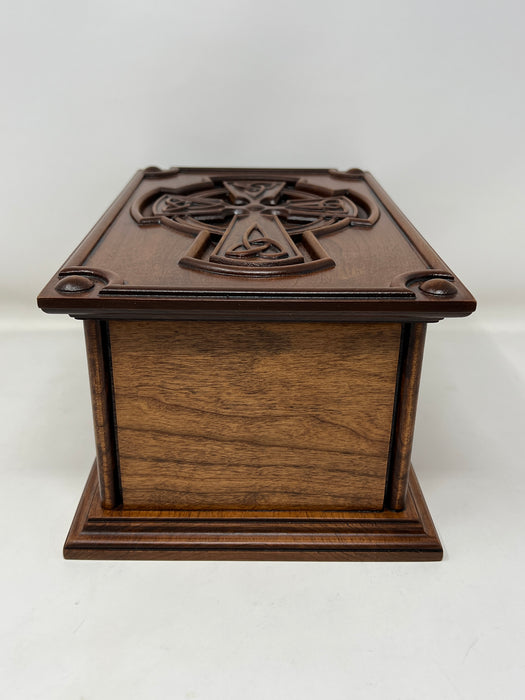 Hand-Carved Cremation Urn with Trinity Knot Celtic Cross - Side view