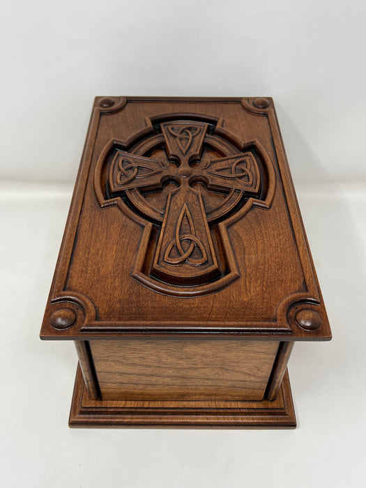 Hand-Carved Cremation Urn with Trinity Knot Celtic Cross - Top view