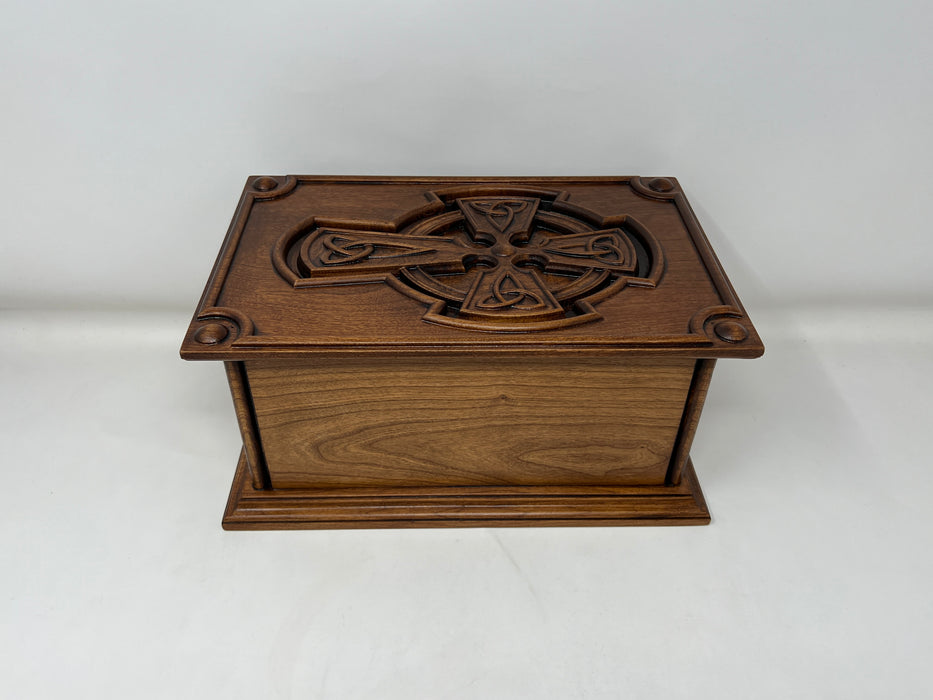 Hand-Carved Cremation Urn with Trinity Knot Celtic Cross - back view