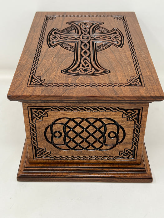 Hand-Carved Cremation Urn with Celtic Cross and Weave - side view