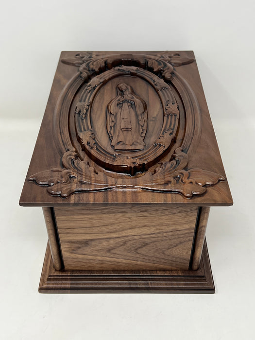 Hand-Carved Cremation Urn with the Virgin Mary - side view