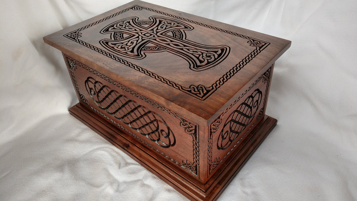 Hand-Carved Cremation Urn with Celtic Cross and Weave - with weave design on all four sides