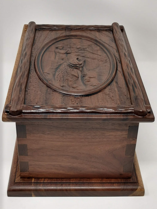 Hand-Carved Cremation Urn with Fisherman - side view (Shown in walnut)