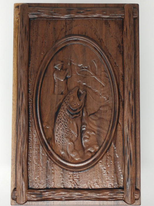 Close up of hand carved image (Shown in walnut)