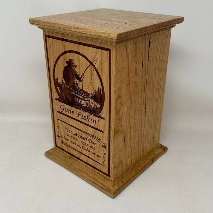 Gone Fishing Cherry Cremation Urn - side view