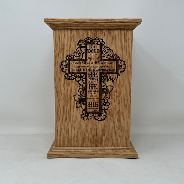 Psalm 23 Cross Urn in Oak - front view