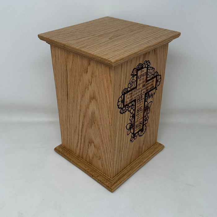 Psalm 23 Cross Urn in Oak - left side