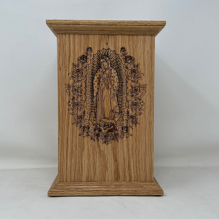 Our Lady of Guadalupe Urn in Oak - front view