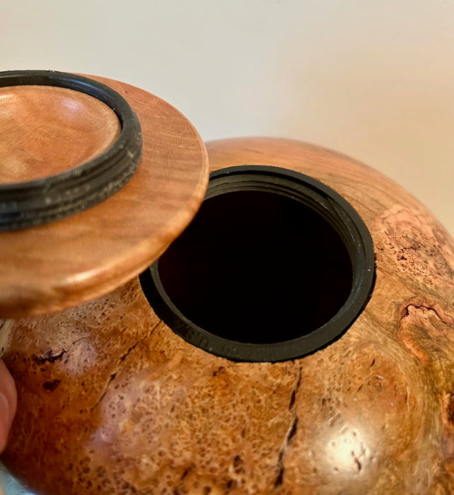 Lace Burl cherry turned urn with threaded lid