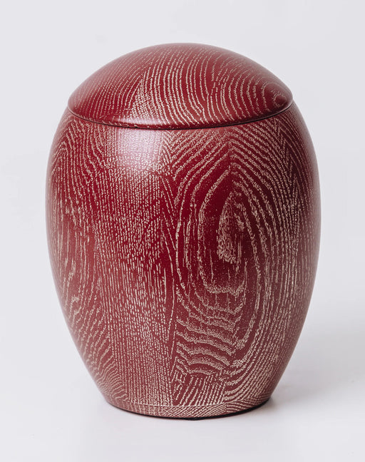 Spherical Oak Urn with Red Enamel and Silver Patina