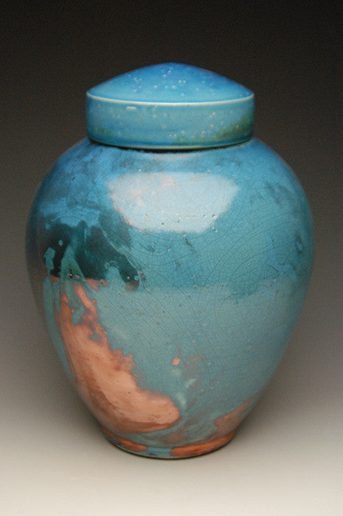 Asian Calligraphy Cremation Urn | Aqua Luster Variation 1