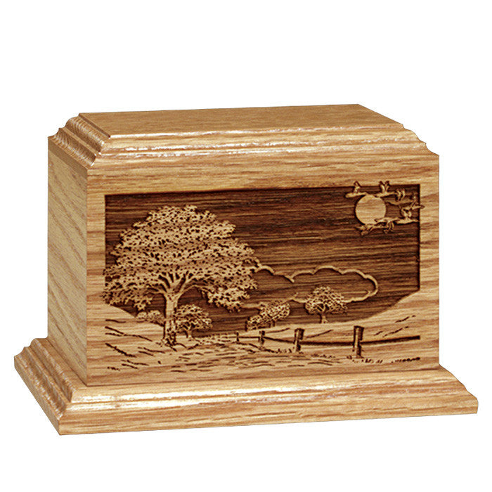 Oak Road Home laser engraved cremation urn. (Shown in the keepsake available on our site.)