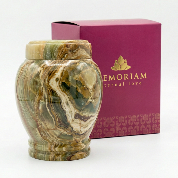Silas - Multi-Green Onyx Marble Urn with package