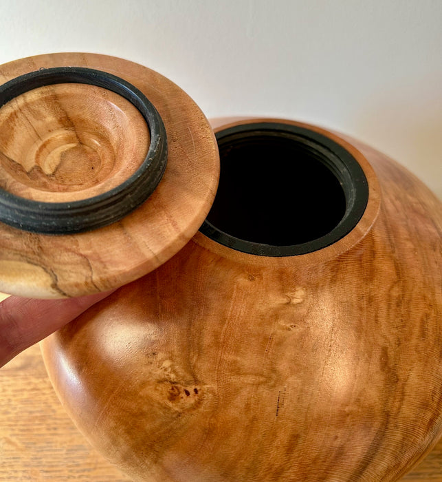 Small Cherry Burl Turned Urn K4 - with top opening threaded lid