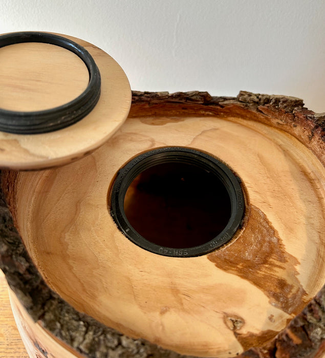 Small Natural Edge Pecan Turned urn with top opening threaded lid