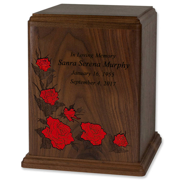 Walnut Wood Cremation Urn with Red Floral Inlay - Personalized