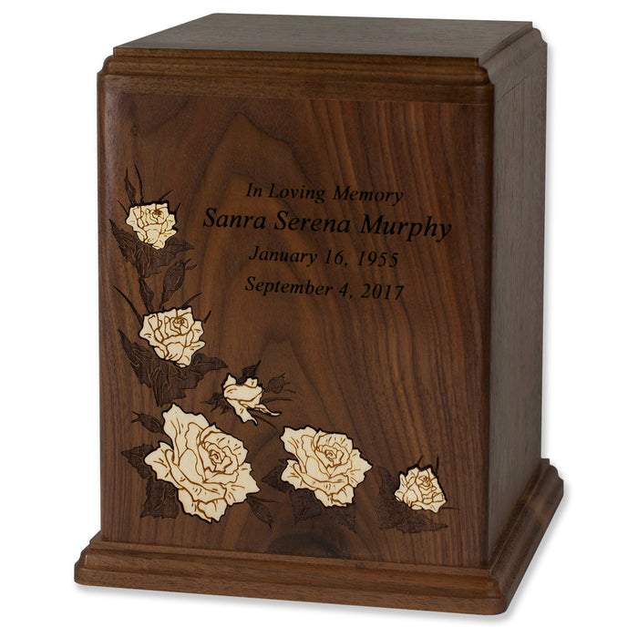 Walnut Wood Cremation Urn with White Floral Inlay - Personalized