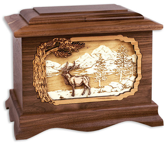 Elk Wood Cremation Urn with Dimensional Inlay Art