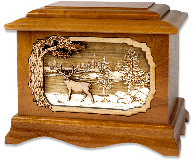 Deer Wood Cremation Urn with Dimensional Inlay Art